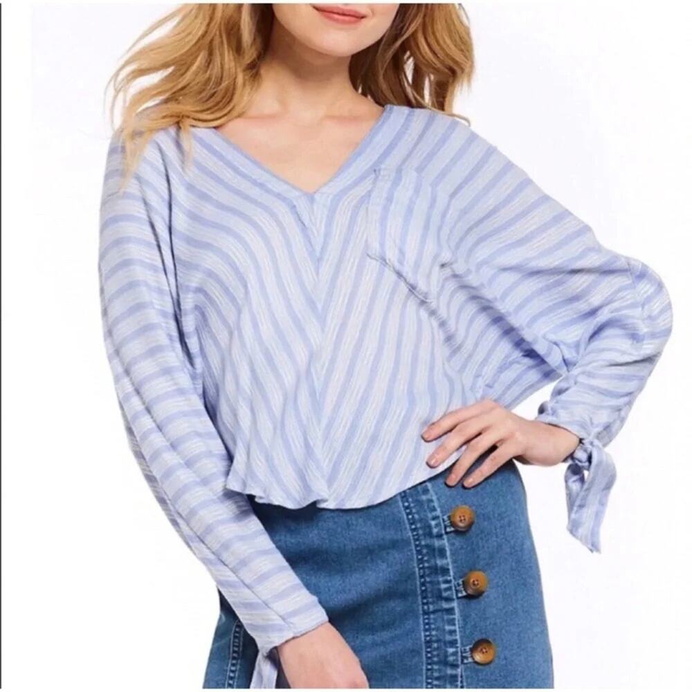 FREE PEOPLE Blue striped dolman tie v-neck long sleeve top size XS